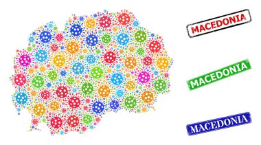 Makedonya 'yı Tehlike Rozetleri ve Çok Renkli Makedonya Salgını Mozaiği Haritası