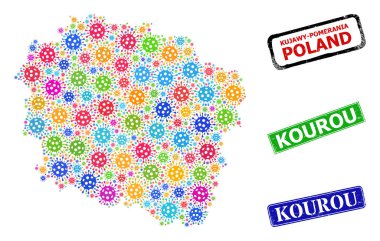 Lastik Kourou Rozetleri ve Çok Renkli Bakteri Kujawy-Pomerania Eyaleti Harita Kolajı