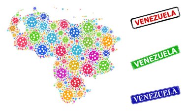 Grunge Venezuela Rozetleri ve Renkli Venezuela Haritası Mozaiği