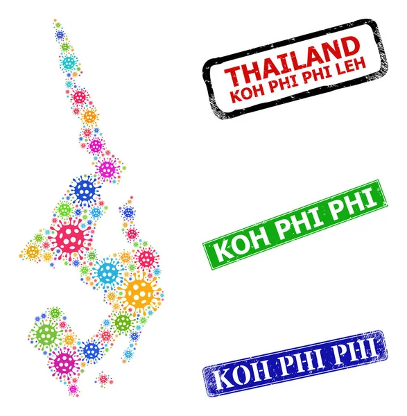 Distress Koh Phi Stamps and Bright Coronavirus Koh Phi Leh Map Composition — стоковий вектор