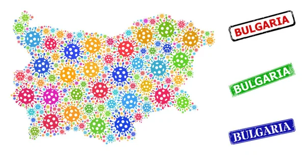 Selos texturizados Bulgária selo e multi-coloridos Contagioso Bulgária mapa colagem —  Vetores de Stock