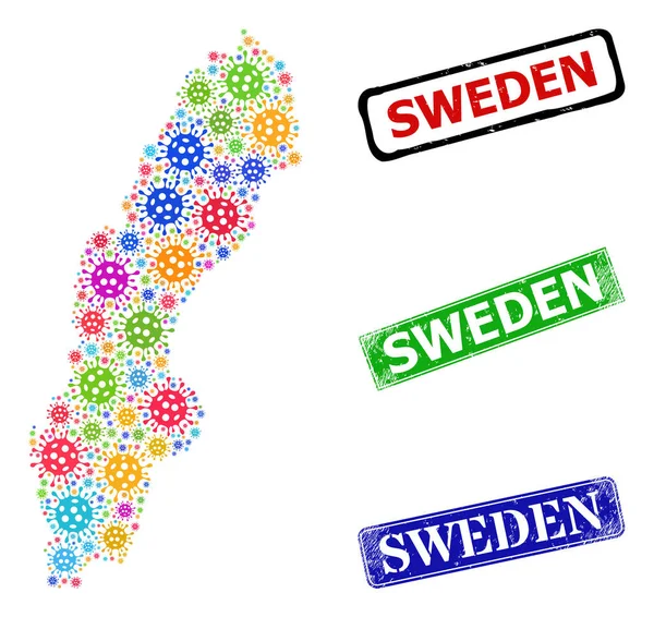 纹理瑞典邮票印章与明亮的Covid-2019瑞典地图拼贴 — 图库矢量图片