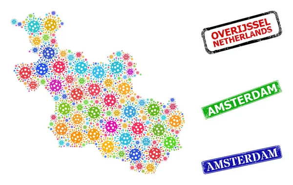 Selos de Amsterdã arranhados e Bacilla Overijssel brilhante Mapa da Província Colagem —  Vetores de Stock