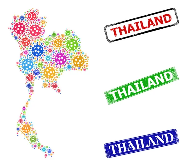 テクスチャ付きタイ切手シールとカラフルな伝染性タイ地図コラージュ — ストックベクタ