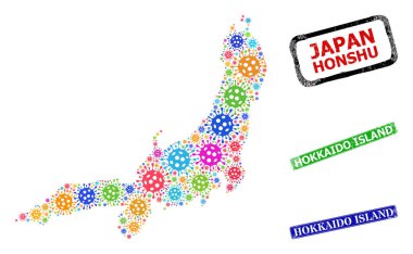 Lastik Hokkaido Adası Mühür Mührü ve Çok Renkli Honshu Adası Haritası