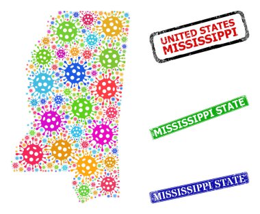 Grunge Mississippi Eyalet Rozetleri ve Parlak Hücre Mississippi Eyalet Haritası