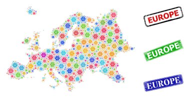 Çizilmiş Avrupa Damgaları ve Renkli Bacilla Avrupa Haritası Mozaiği