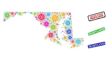 Kauçuk Maryland Pulları ve Renkli Bulaşıcı Maryland Eyalet Harita Kolajı
