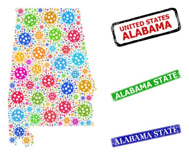 Lastik Alabama Eyaleti Mühür ve Renkli Bacilla Alabama Eyalet Haritası