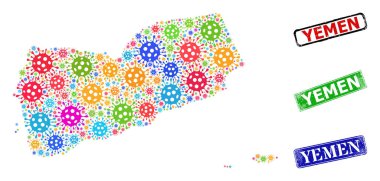 Dokulu Yemen Mührü ve Çok Renkli Hücre Yemen Haritası Mozaiği