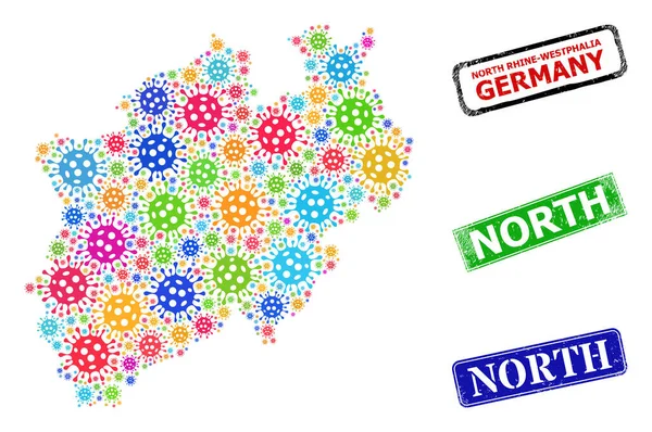 Gummidichtungen und bunte Coronavirus Nordrhein-Westfalen Landkartencollage — Stockvektor