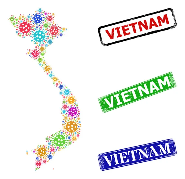 Gummi Vietnam märken och färgat virus Vietnam Karta Collage — Stock vektor