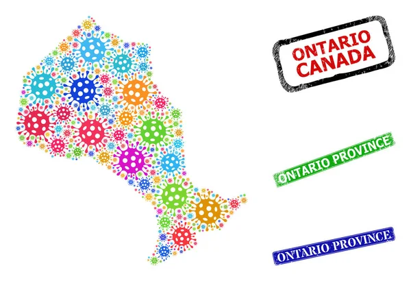Grunge Ontário Província Selos de Selo e Bactéria Colorida Ontário Província Mapa Composição — Vetor de Stock