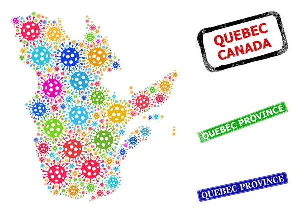 Grunge Quebec Seals selo da província e colorido Coronavirus Quebec mapa da província Composição — Vetor de Stock