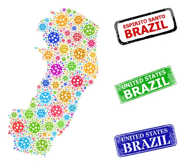 Distress USA Brasilien Frimärken och Bright Coronavirus Espirito Santo State Map Sammansättning — Stock vektor