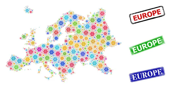 Sellos de Scratched Europe y coloridos Bacilla Europe Mapa Mosaico — Vector de stock