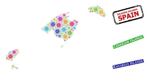Печати Канарских островов и коллаж "Карта Балеарских островов-2019" — стоковый вектор
