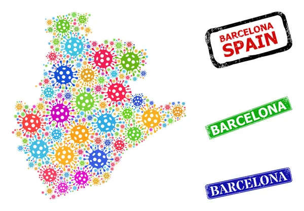 Distress Barcelona Seals and Bright Contagious Barcelona Province Map Composition — Stock Vector