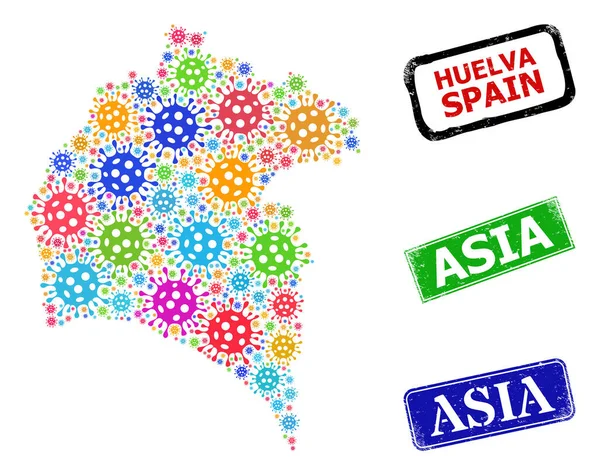 Grunge Asia Seals and Bright Pandemic Huelva Province Map Collage — Stock Vector