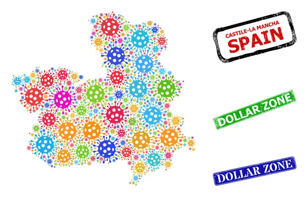 Sceaux de zone dollar en caoutchouc et collage de carte de la province de Castille-La Manche multicolore — Image vectorielle