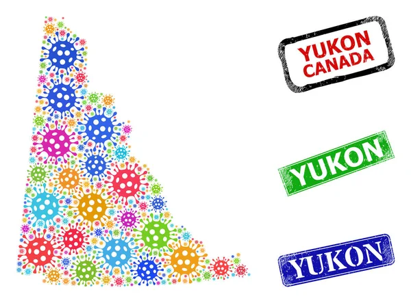 Zerkratzte Yukon Stempelsiegel und buntes Bakterium Yukon Province Kartenmosaik — Stockvektor