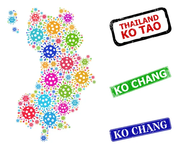 Scratched Ko Chang Seals and Colored Viral Ko Tao Map Mosaic — стоковий вектор