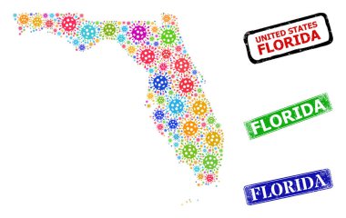 Florida Rozetleri ve Renkli Bacilla Florida Eyalet Haritası Mozaiği