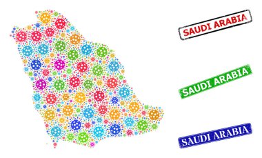 Grunge Suudi Arabistan Damgaları ve Çok Renkli Covid-2019 Suudi Arabistan Haritası Mozaiği