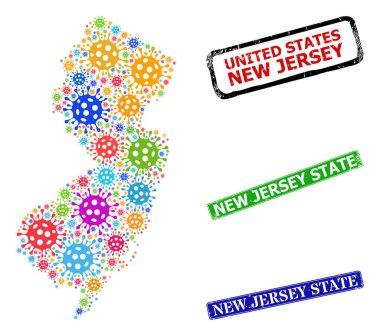 Üzücü New Jersey Eyalet Rozetleri ve Parlak Bacilla New Jersey Harita Kolajı
