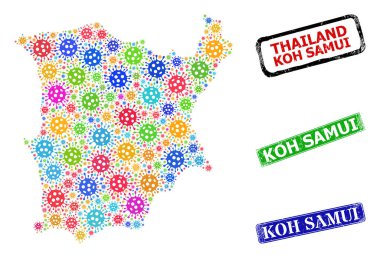 Çizilmiş Koh Samui Damgaları ve Parlak Viral Koh Samui Haritası Mozaiği