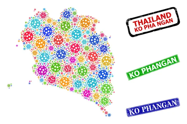 Grunge Ko Phangan Seals and Colorful Bacterium Ko Pha Ngan Map Composition — стоковий вектор