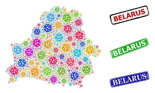 Grunge Belarus Seals and Colored Virus Belarus Map Collage — стоковий вектор