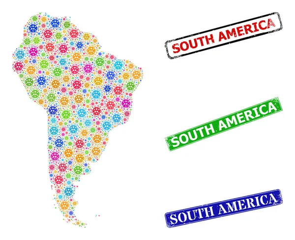 Badges d'Amérique du Sud rayés et carte lumineuse virale d'Amérique du Sud Mosaïque — Image vectorielle