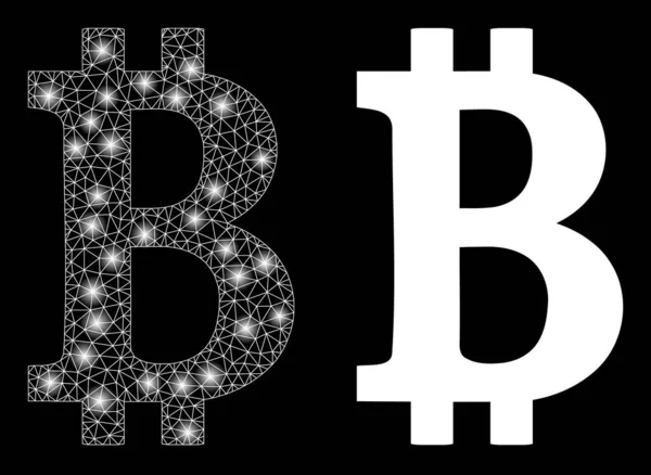 Símbolo poligonal de Bitcoin de malla 2D con puntos de luz — Vector de stock