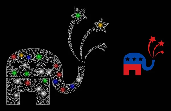 Ícone de brilho de fogos de artifício de elefante americano de rede com pontos de brilho coloridos —  Vetores de Stock