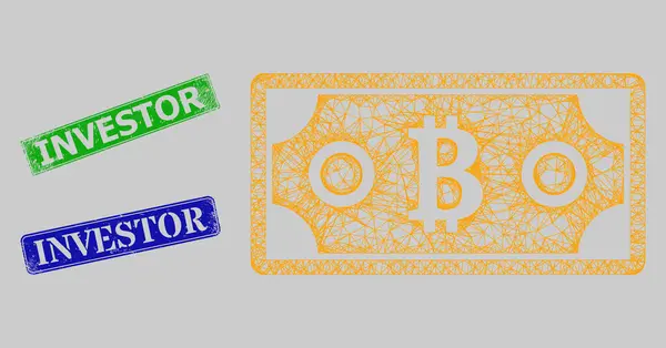 Rubber Investor Stamp Imitaties en netwerk Bitcoin Bill Mesh — Stockvector