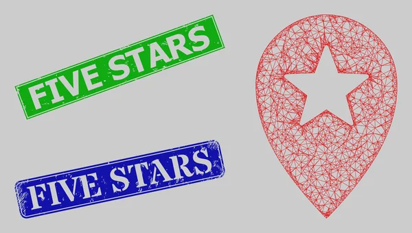 Grunge Five Stars Imprints i znak sieciowy Star Place Web Mesh — Wektor stockowy