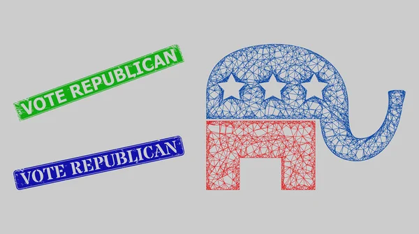 Empreintes républicaines de vote de détresse et filet maillage Web d'éléphant politique américain — Image vectorielle