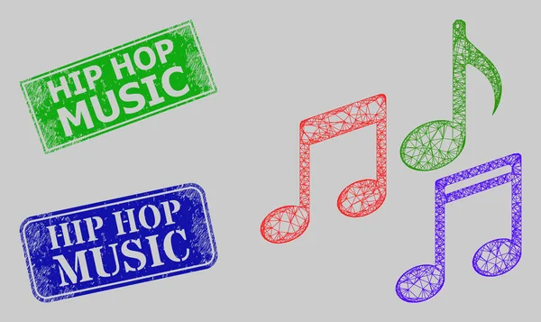 Scratched Hip Hop Music Badges and Hatched Melody Notes Mesh — 图库矢量图片