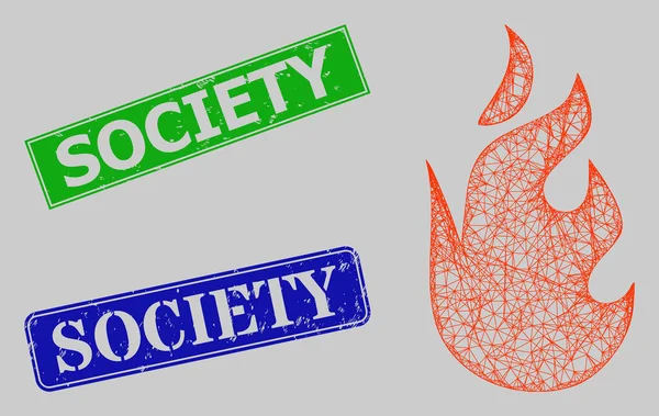 Scratched Society Badges and Net Fire Flame Web Mesh — 스톡 벡터