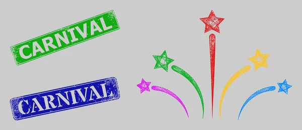 Imitazioni di francobolli di Carnevale di soccorso e rete di fuochi d'artificio Mesh — Vettoriale Stock