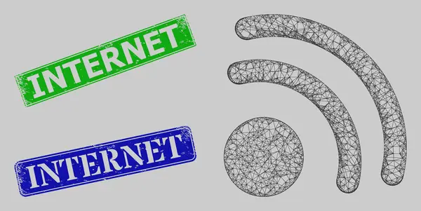 Texturierte Internet-Stempelsiegel und schraffiertes drahtloses Internet Point Web Mesh — Stockvektor