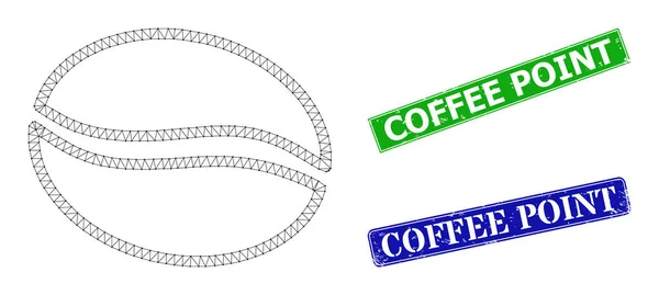 Kaparós kávéskanna jelvények és háromszög hálós kakaóbab ikon — Stock Vector