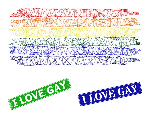 Grunge I Love Gay Stamp Seals and Triangular Mesh LGBT Flag Icon — стоковий вектор