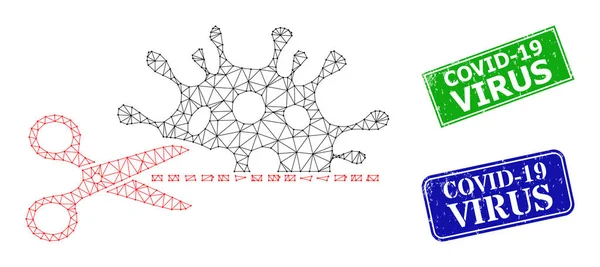 Selos de selo de vírus Grunge Covid-19 e ícone de Coronavirus de corte de malha poligonal — Vetor de Stock