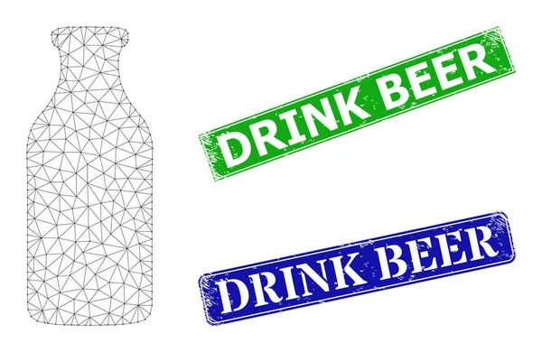 Insignes de bière de boisson grillée et icône de bouteille de maille polygonale — Image vectorielle
