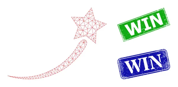 Grunge Win Stamp Seals et Polygonal Mesh Success Start Star Icon — Image vectorielle