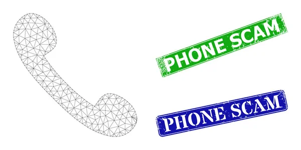 Grunge Phone Scam Imprints and Triangle Mesh Phone Receiver Icon — 스톡 벡터