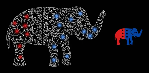 Polygonal Carcass Mesh American Democratic Elephant with Lightspots — Stock Vector