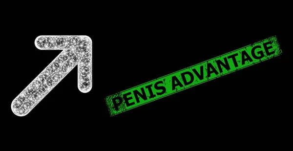 Grunged Penis Advantage Badge and Network Arrow up Right Web Mesh with Bright Light Spots — Vector de stock